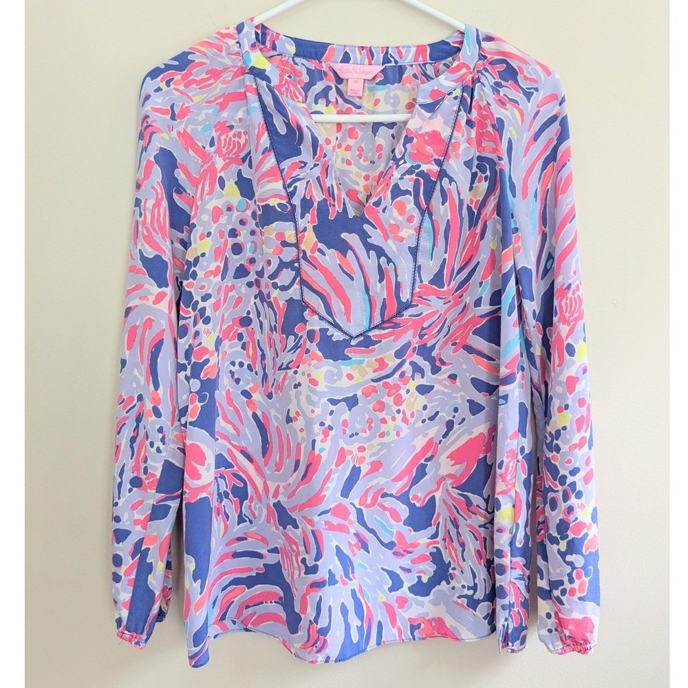Lilly Pulitzer Womens XS Multicolor Silk Long‎ Sleeve Top Blouse